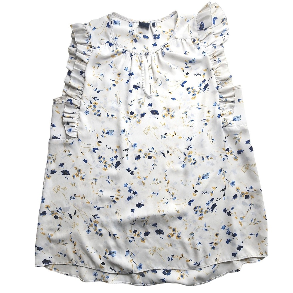 Kaari Blue Floral Ruffle Sleeveless Blouse L Keyhole Top Boho Fairy Core Boxy